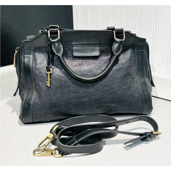 Fossil Black Leather Satchel with Gold Accents - Picture 1 of 14
